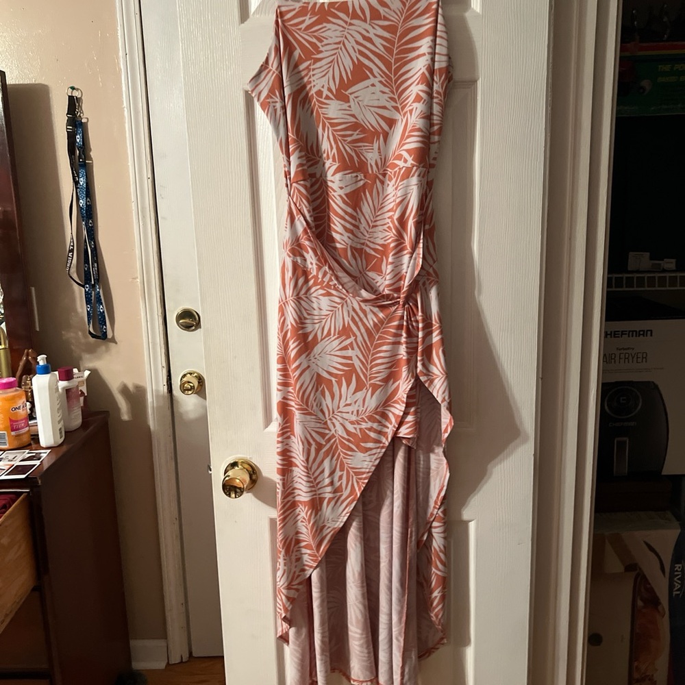 No Boundaries Asymmetrical Dress in Orange and White Leaf Print